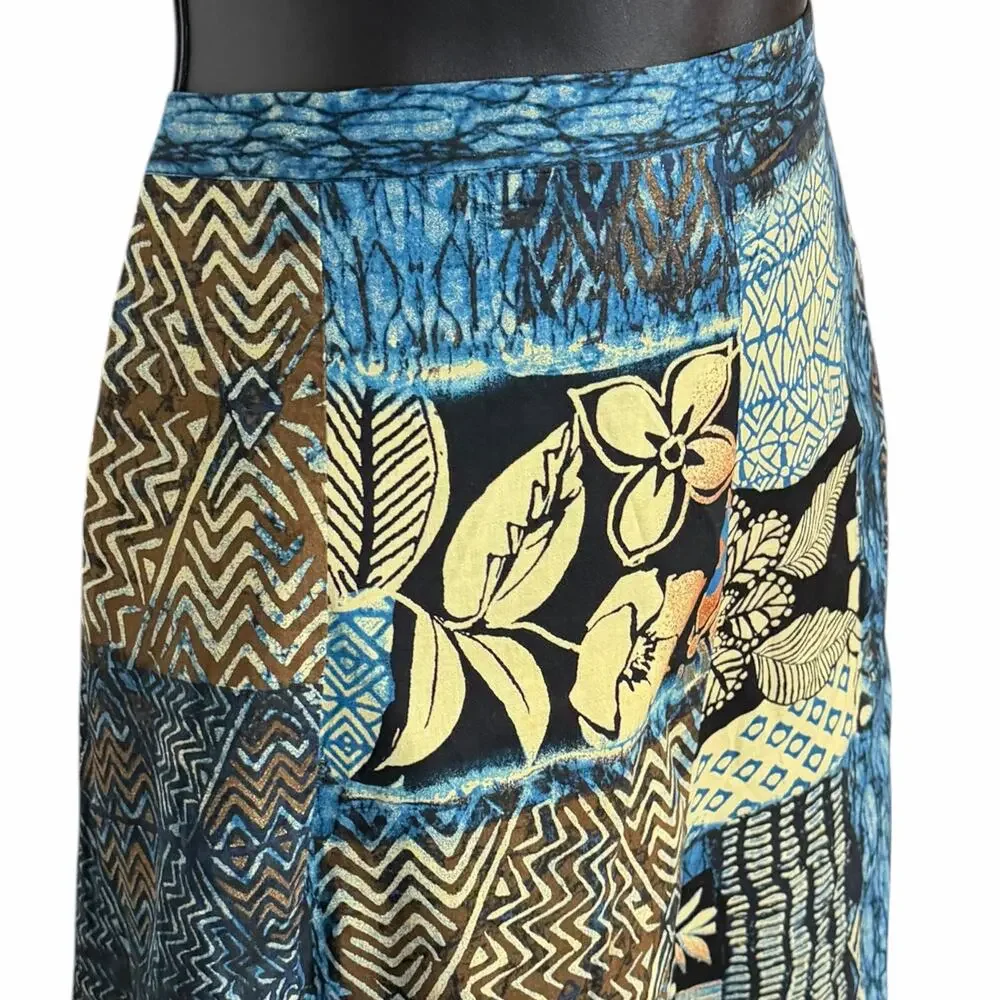 Chico's Bohemian Blue Patchwork Geometric Floral Batik Hippie Maxi Skirt L 2